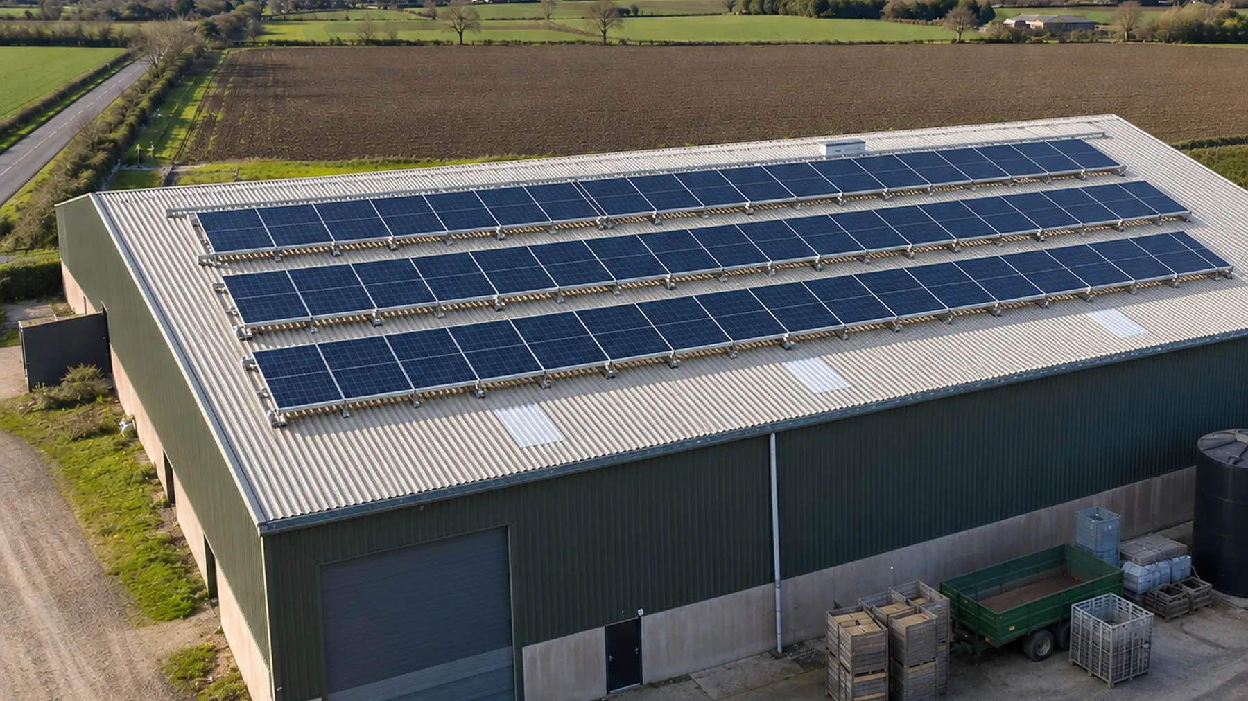 Luftaufnahme einer Gewerbehalle mit Solaranlage auf dem Dach